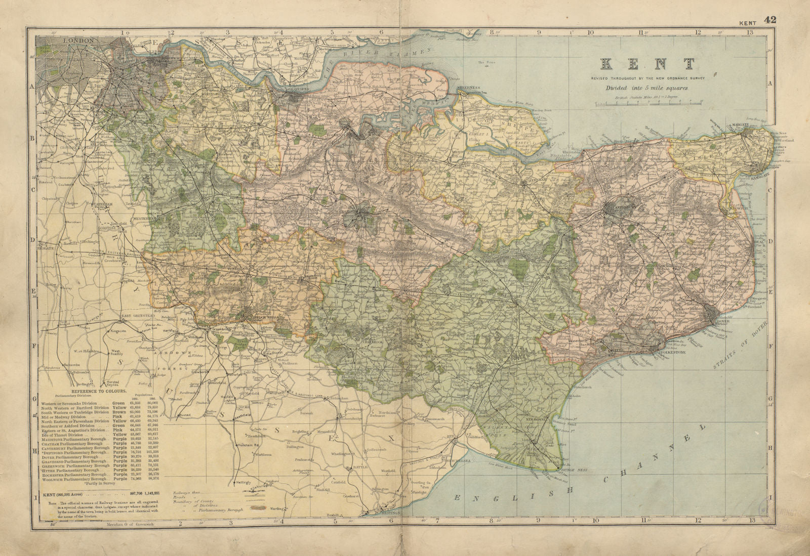 KENT County map Parliamentary constituencies railways divisions BACON 1900